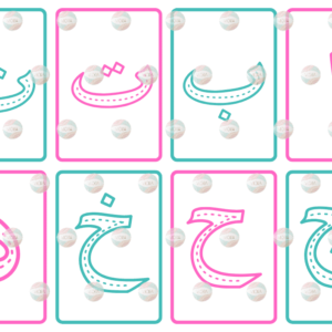 Arabic alphabet flashcards showing letters Alif, Ba, Ta, Tha – printable PDF for kids learning