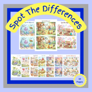 Spot the difference printable activity pages – 10 sheets with two similar images per page for kids and families